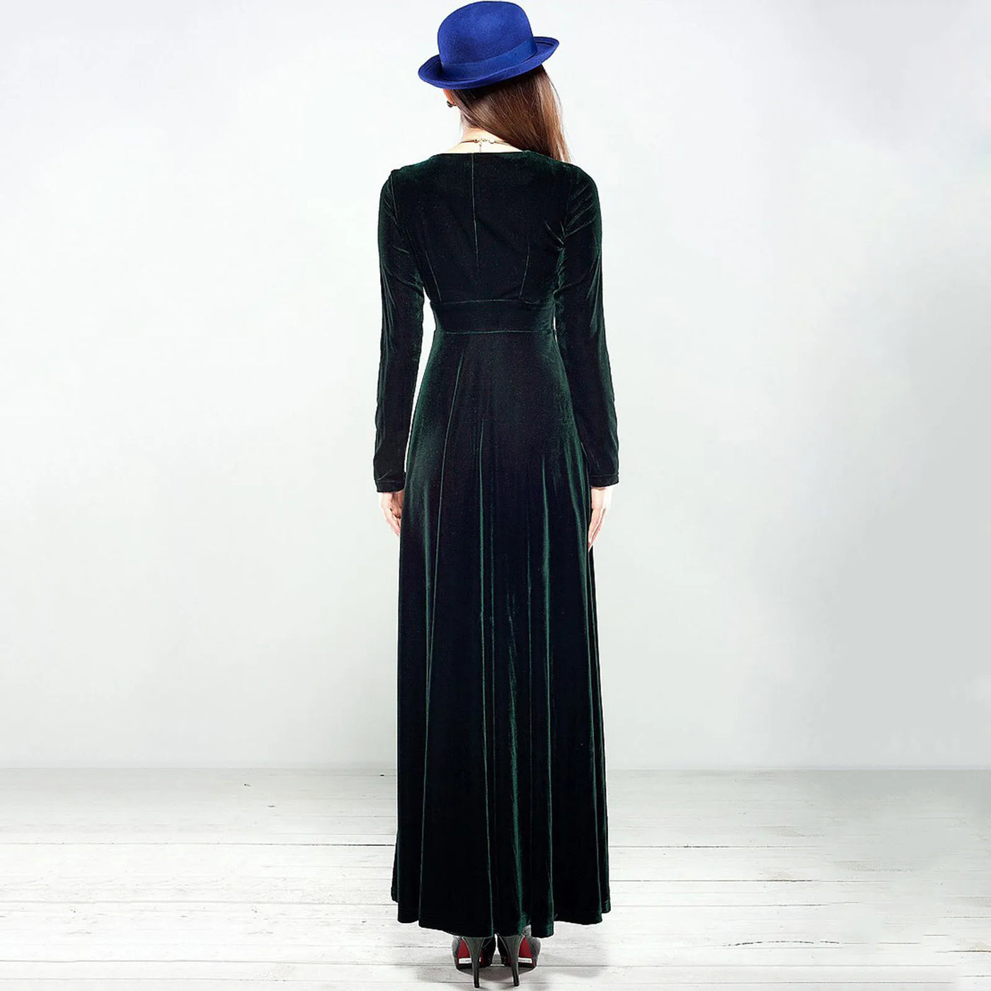 Long Sleeve V Neck Pleated Velvet Banquet Party Maxi Dress Party Wedding