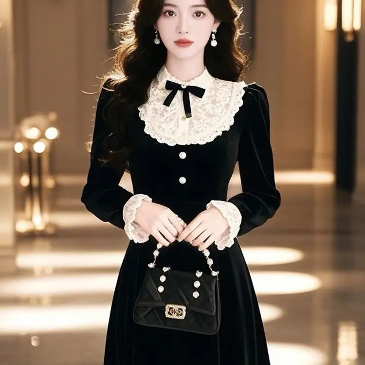 Velvet Dress Women Fashion Lace Patcwork Bow Puff Sleeve Midi Length