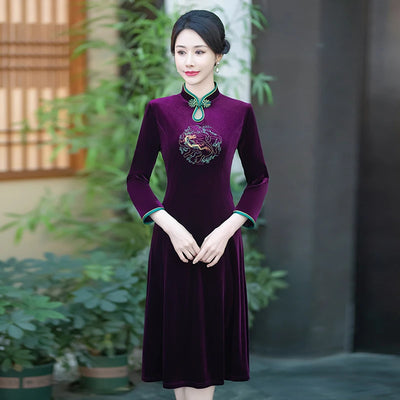 Long Dresses Female Golden Velvet Cheongsam Dress