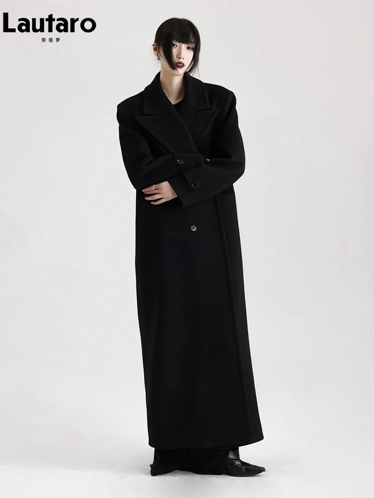 Winter Luxury Extra Long Black Warm Soft Wool & blends Coat for Women