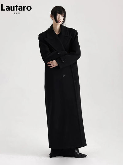 Winter Luxury Extra Long Black Warm Soft Wool & blends Coat for Women