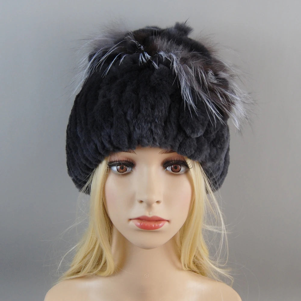 Luxury Women Fur Hat For Winter Handmade Natural Rex Rabbit Fox .