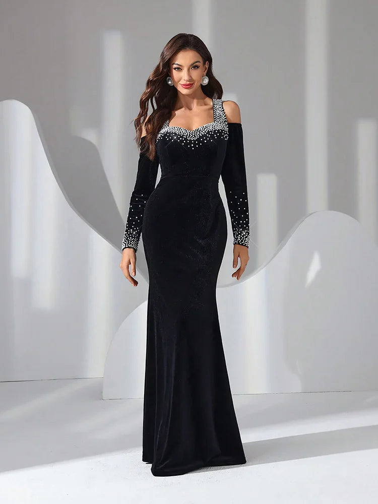 Elegant Velvet Dress With Bow Tie Backless Design 2024 New Luxury Diamond