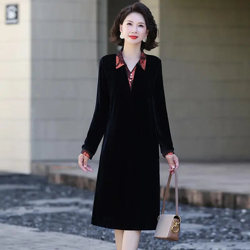Velvet Midi Dress Women's Velvet Full Sleeve Knee-length Regular Shirt