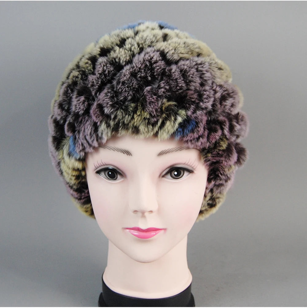 Real Rex Rabbit Winter Fur Hat For Women Russian Real Fur Knitted Cap