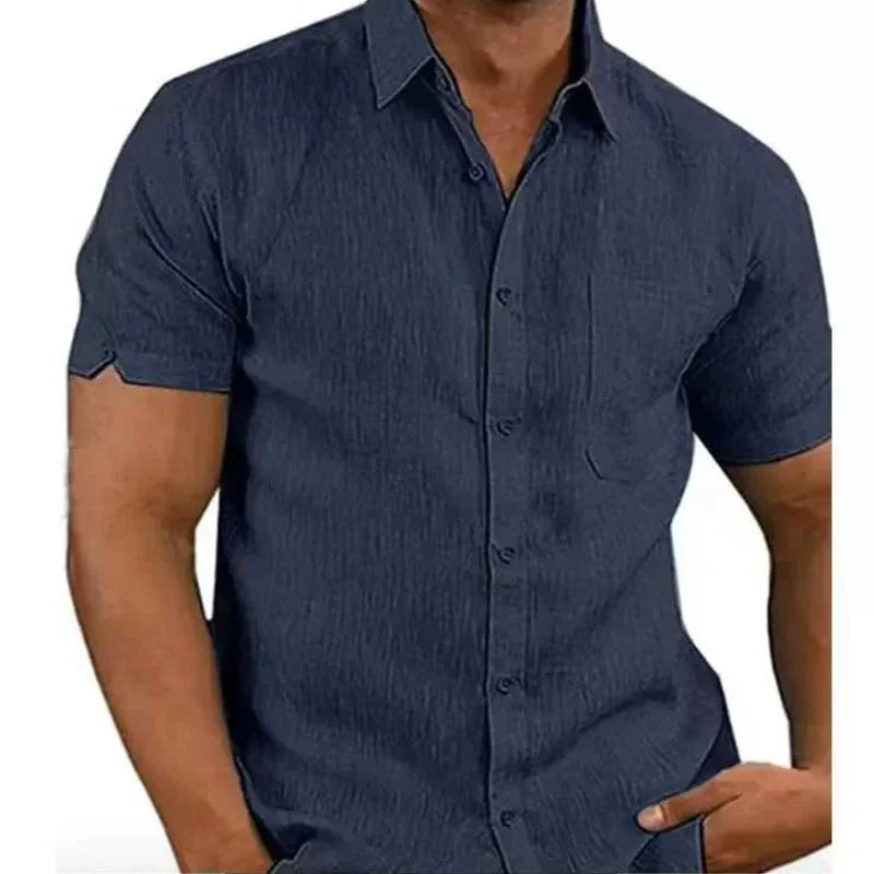 Cotton Linen Shirts for Men Casual Short Sleeved Shirts Blouses Solid Turn-Down Collar