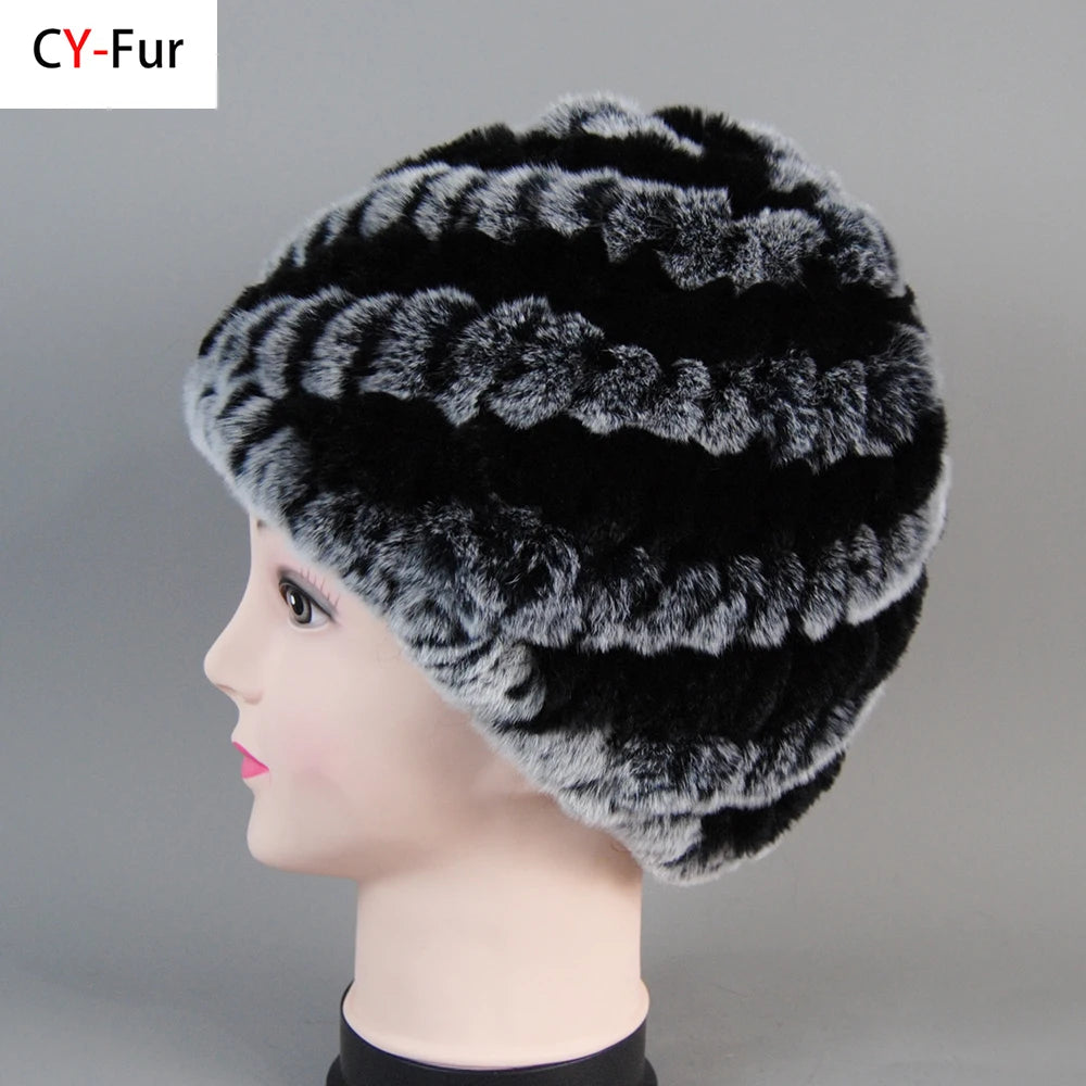 Real Rex Rabbit Winter Fur Hat For Women Russian Real Fur Knitted Cap