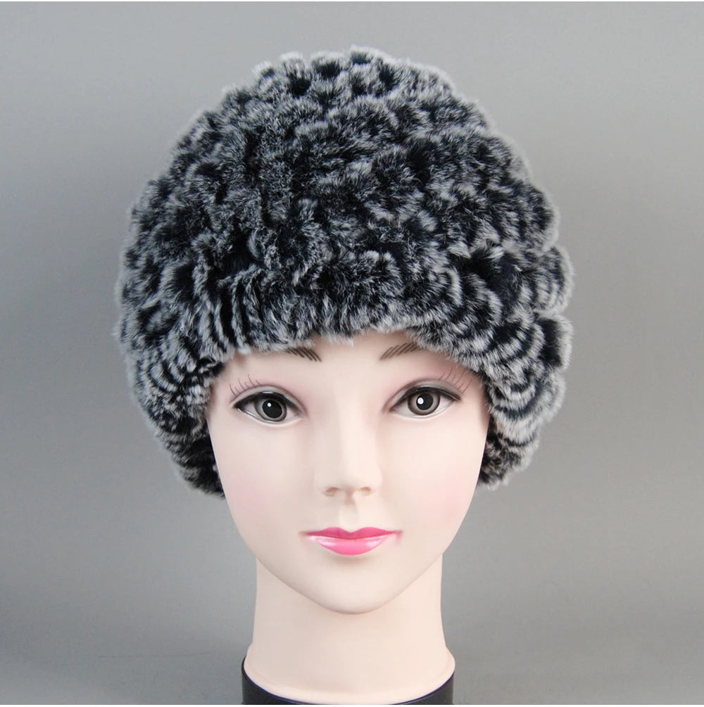 Real Rex Rabbit Winter Fur Hat For Women Russian Real Fur Knitted Cap