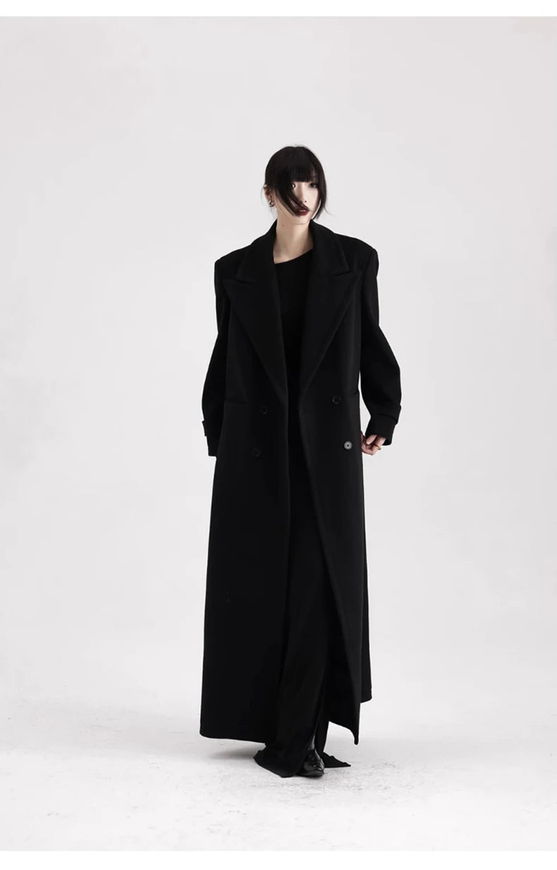 Winter Luxury Extra Long Black Warm Soft Wool & blends Coat for Women