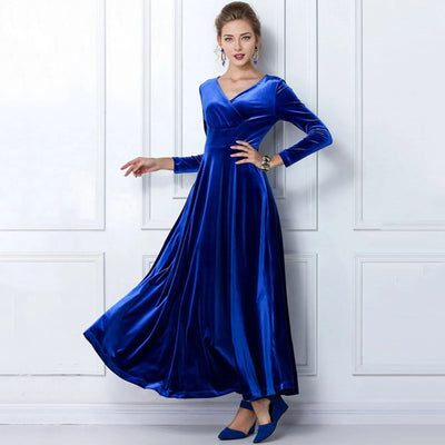 Long Sleeve V Neck Pleated Velvet Banquet Party Maxi Dress Party Wedding