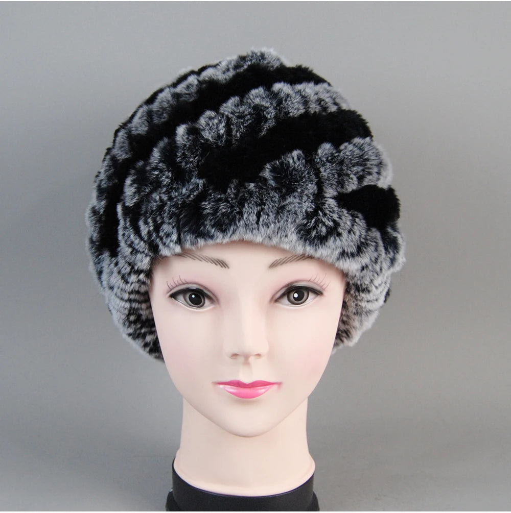 Real Rex Rabbit Winter Fur Hat For Women Russian Real Fur Knitted Cap