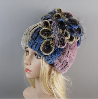 Luxury Women Fur Hat For Winter Handmade Natural Rex Rabbit Fox .