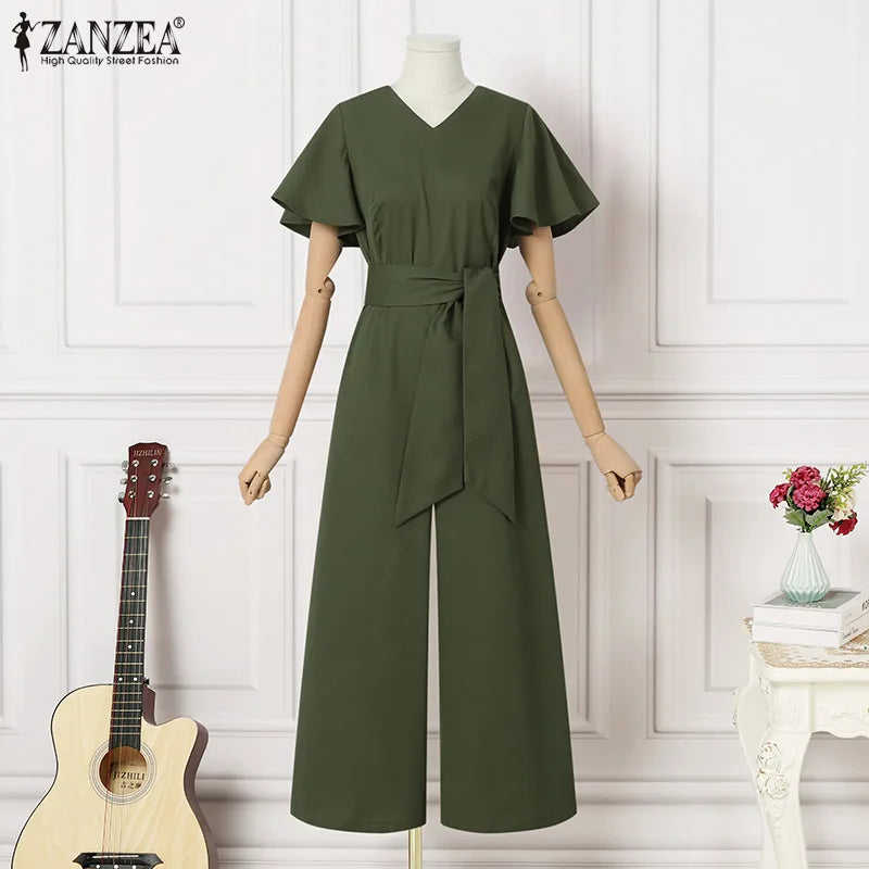 Wide Leg Jumpsuits Summer V Neck Short Sleeve Rompers Elegant