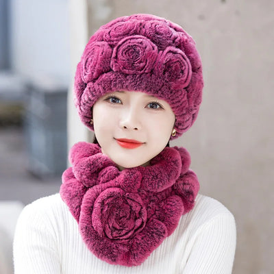 Winter Fur Hat Scarf Sets Natural Warm Real Rex Rabbit Fur