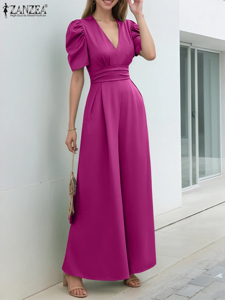 Office Casual Loose Short Sleeve Playsuits Solid Color Wide Leg Jumpsuits