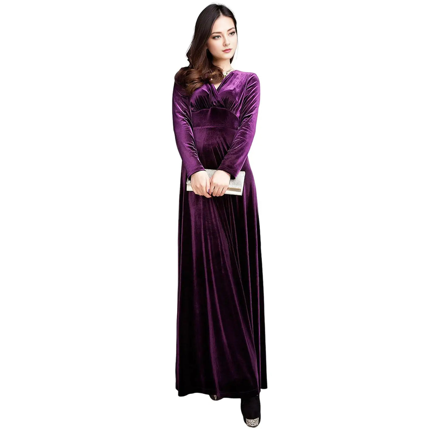 Long Sleeve V Neck Pleated Velvet Banquet Party Maxi Dress Party Wedding