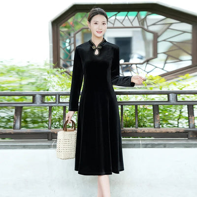 Long Dresses Female Golden Velvet Cheongsam Dress