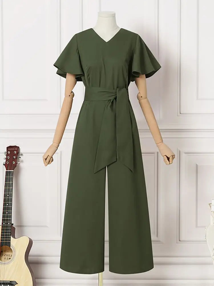 Wide Leg Jumpsuits Summer V Neck Short Sleeve Rompers Elegant