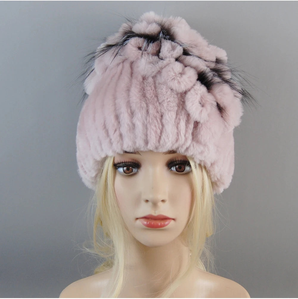 Luxury Women Fur Hat For Winter Handmade Natural Rex Rabbit Fox .