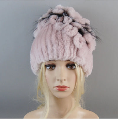 Luxury Women Fur Hat For Winter Handmade Natural Rex Rabbit Fox .