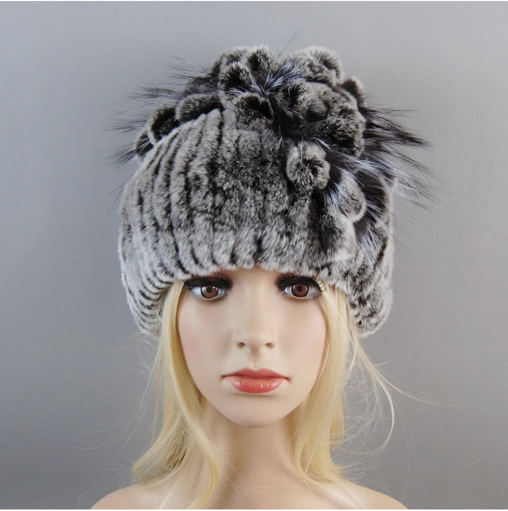 Luxury Women Fur Hat For Winter Handmade Natural Rex Rabbit Fox .