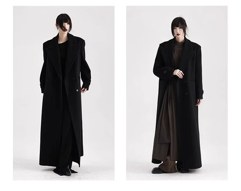 Winter Luxury Extra Long Black Warm Soft Wool & blends Coat for Women