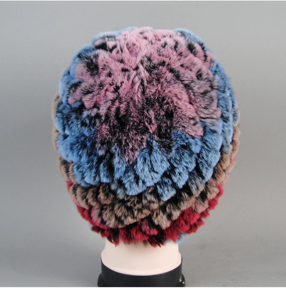 Real Rex Rabbit Winter Fur Hat For Women Russian Real Fur Knitted Cap