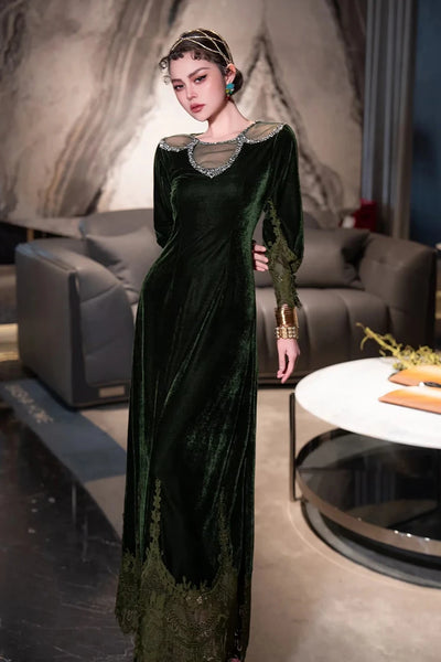 MARYYIMEI Fashion design Women's Dress Lace Splicing Long-Sleeved Beading Pretty Slim-Fit Hip Wrap Elegant Velvet Dresses