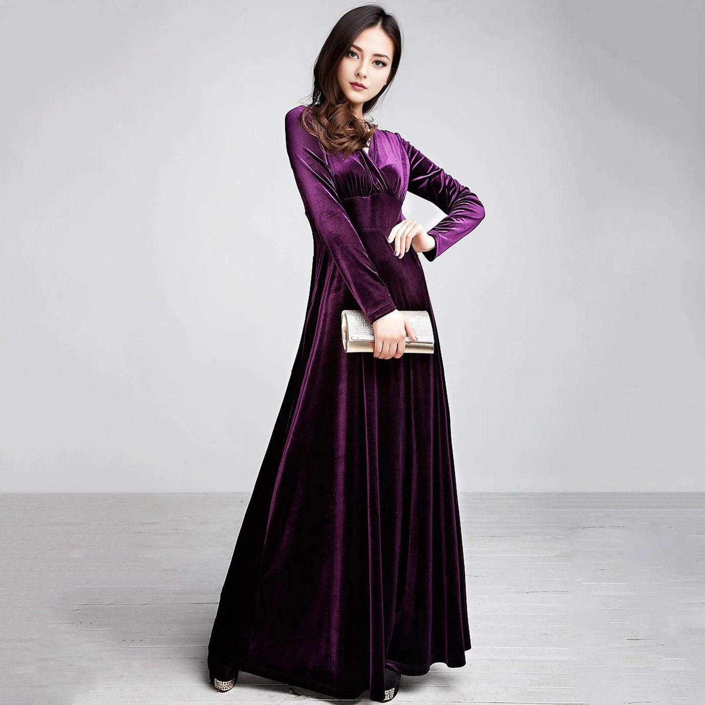 Long Sleeve V Neck Pleated Velvet Banquet Party Maxi Dress Party Wedding