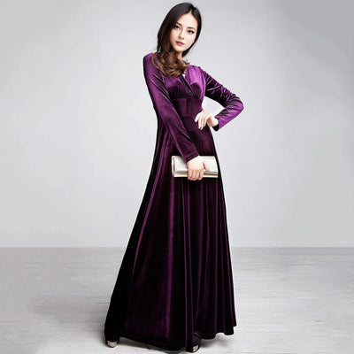 Long Sleeve V Neck Pleated Velvet Banquet Party Maxi Dress Party Wedding