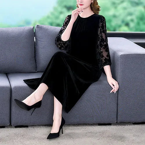 Velvet Chic Hook Flower Hollow Sexy Midi Dress Women Solid