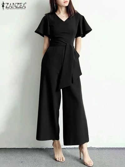 Wide Leg Jumpsuits Summer V Neck Short Sleeve Rompers Elegant
