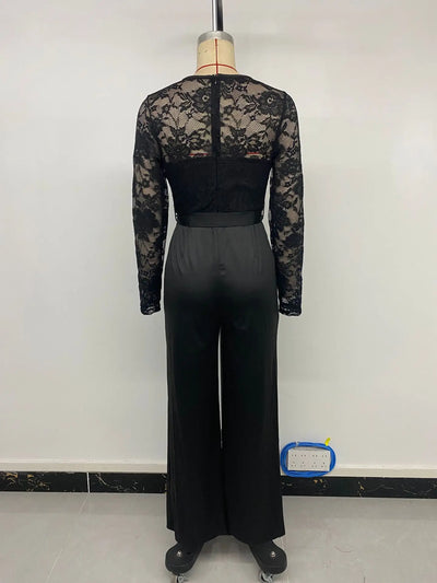 Hollow O-neck Patchwork High-waisted Lace-up Elegant Fashion.