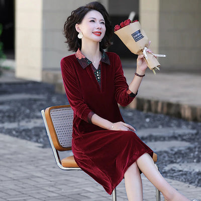 Velvet Midi Dress Women's Velvet Full Sleeve Knee-length Regular Shirt