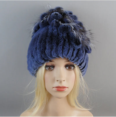 Luxury Women Fur Hat For Winter Handmade Natural Rex Rabbit Fox .