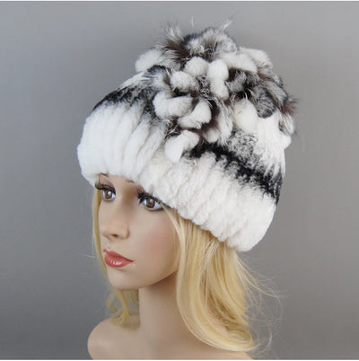 Luxury Women Fur Hat For Winter Handmade Natural Rex Rabbit Fox .