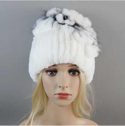 Luxury Women Fur Hat For Winter Handmade Natural Rex Rabbit Fox .