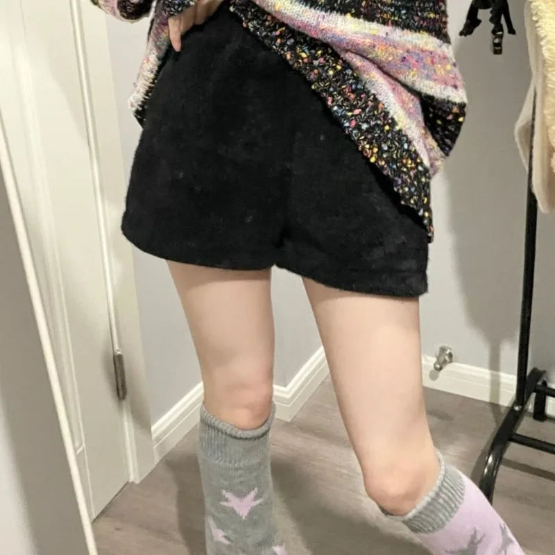 Mink Fur Shorts Women Y2k Loose A-line Wide Leg