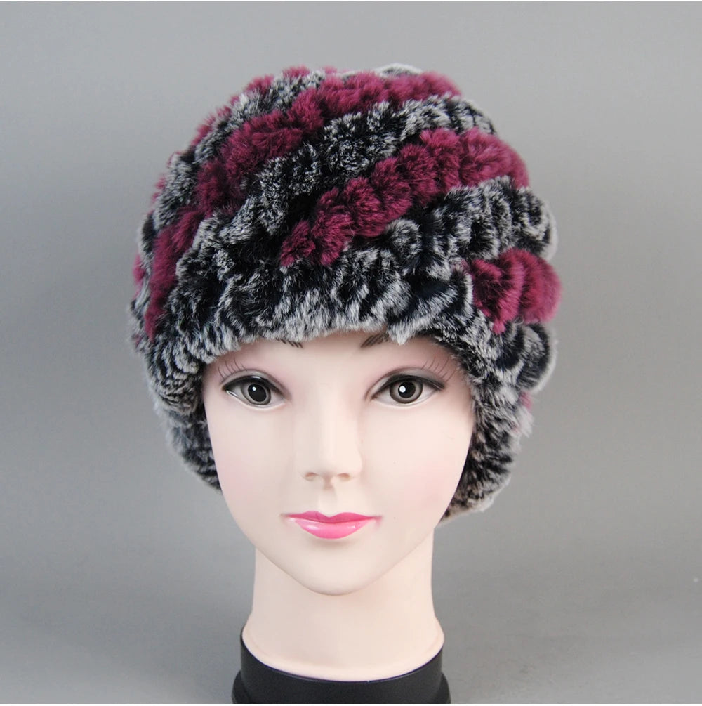 Real Rex Rabbit Winter Fur Hat For Women Russian Real Fur Knitted Cap