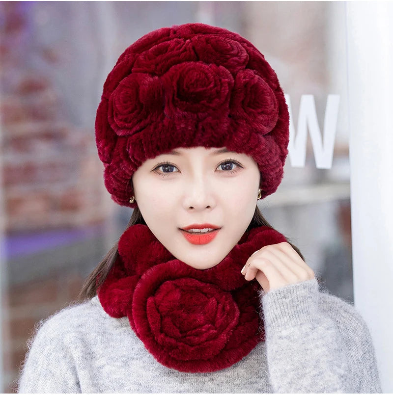 Winter Fur Hat Scarf Sets Natural Warm Real Rex Rabbit Fur