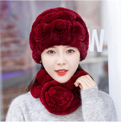 Winter Fur Hat Scarf Sets Natural Warm Real Rex Rabbit Fur