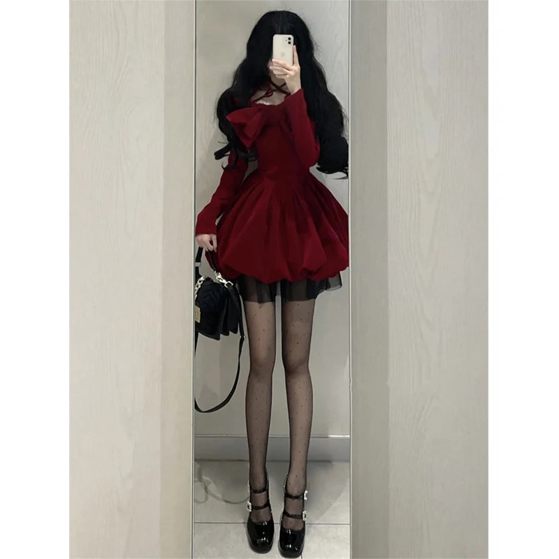 Y2K Sexy Slash Neck Red Velvet Dresses Winter Kawaii Christmas Party