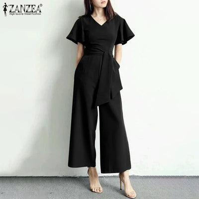 Wide Leg Jumpsuits Summer V Neck Short Sleeve Rompers Elegant