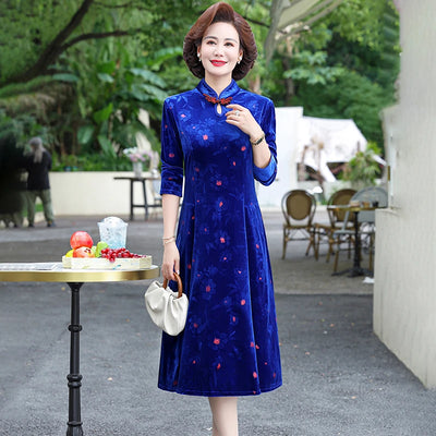 Embroidery Gold Velvet Cheongsam Long Dress Women