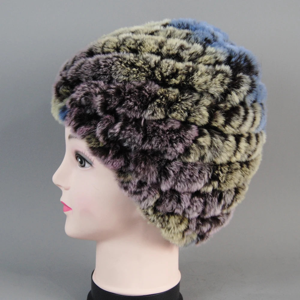 Real Rex Rabbit Winter Fur Hat For Women Russian Real Fur Knitted Cap