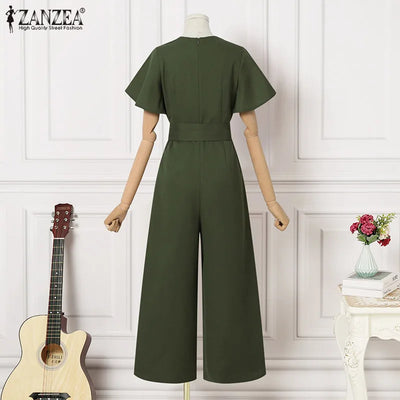 Wide Leg Jumpsuits Summer V Neck Short Sleeve Rompers Elegant