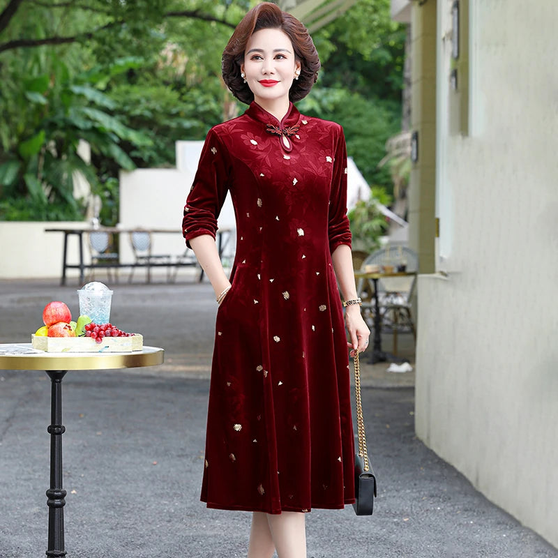 Embroidery Gold Velvet Cheongsam Long Dress Women
