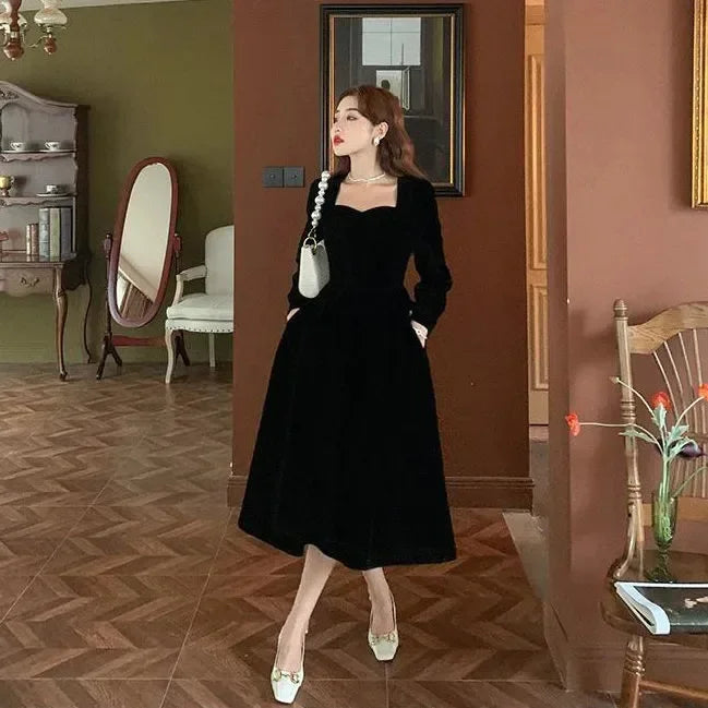 Gold Velvet Women's Dress Elegant Waist-Cinching Ladylike Style