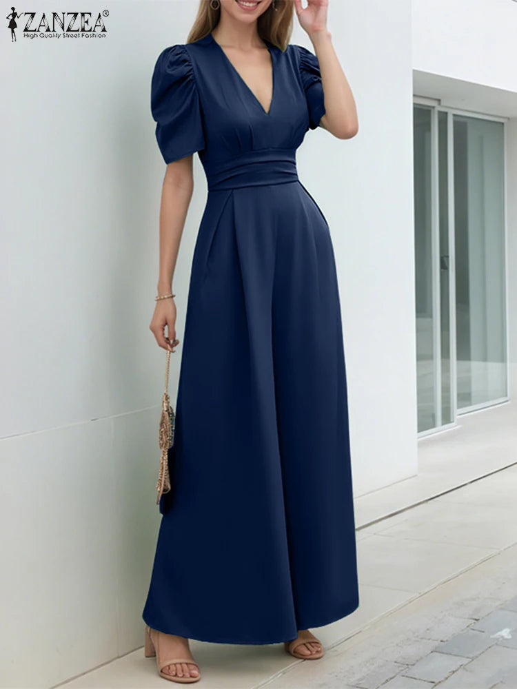 Office Casual Loose Short Sleeve Playsuits Solid Color Wide Leg Jumpsuits