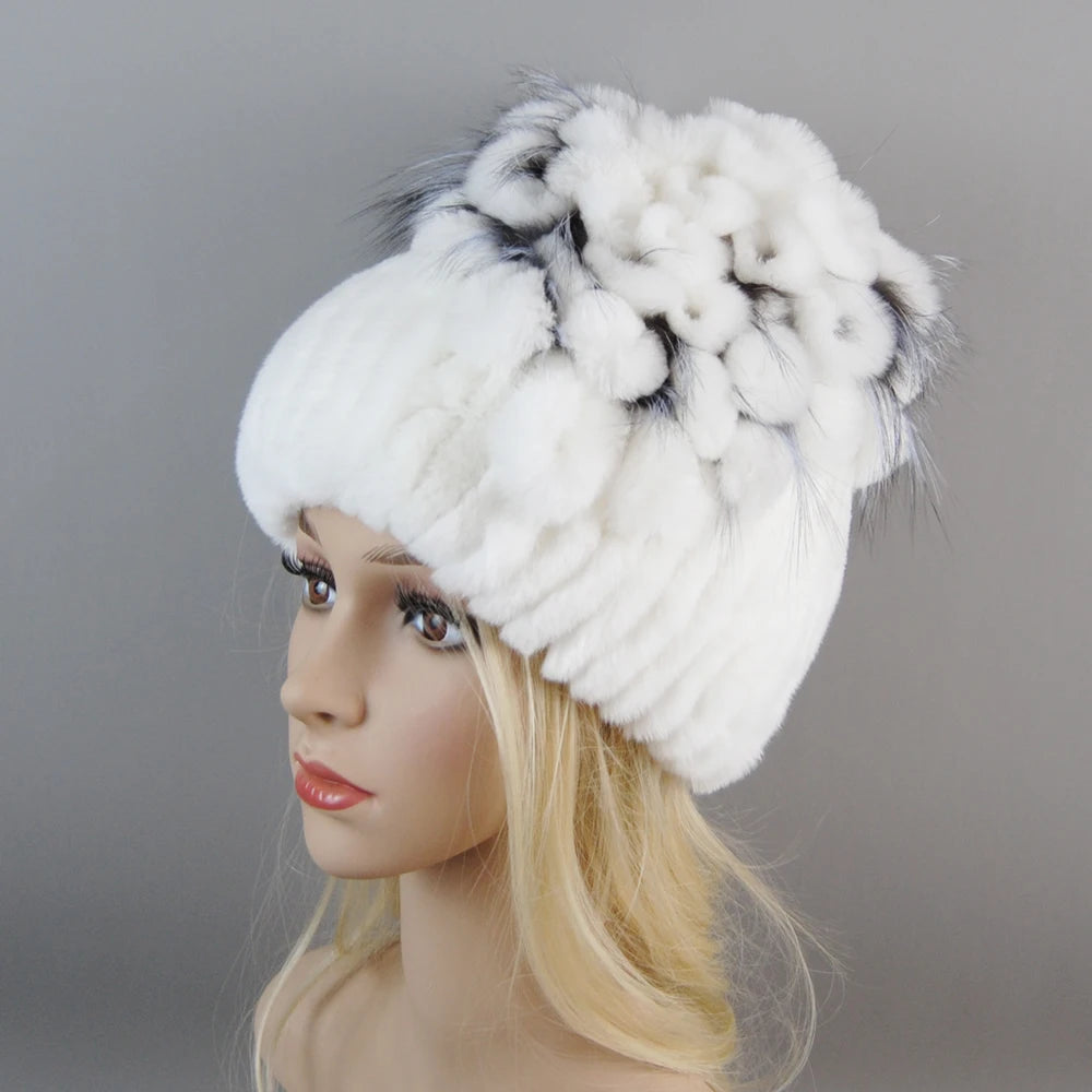 Luxury Women Fur Hat For Winter Handmade Natural Rex Rabbit Fox .